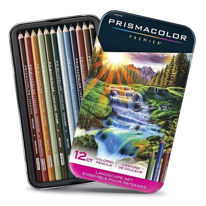 Prismacolor tin of 12 Landscape colours (Flowing stream and sunset cover design)