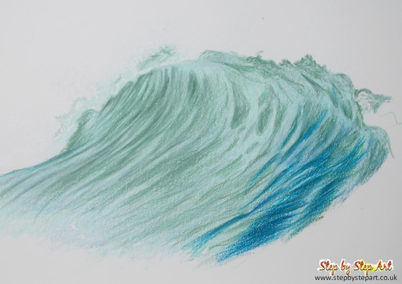 Darkening the shades of a wave in coloured pencils