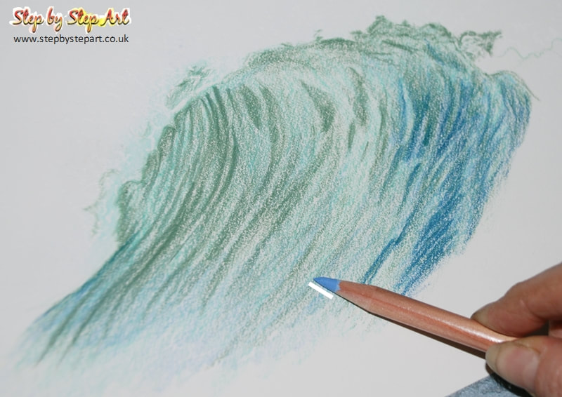 Applying a tone of Mid Ultramarine to a wave in coloured pencils