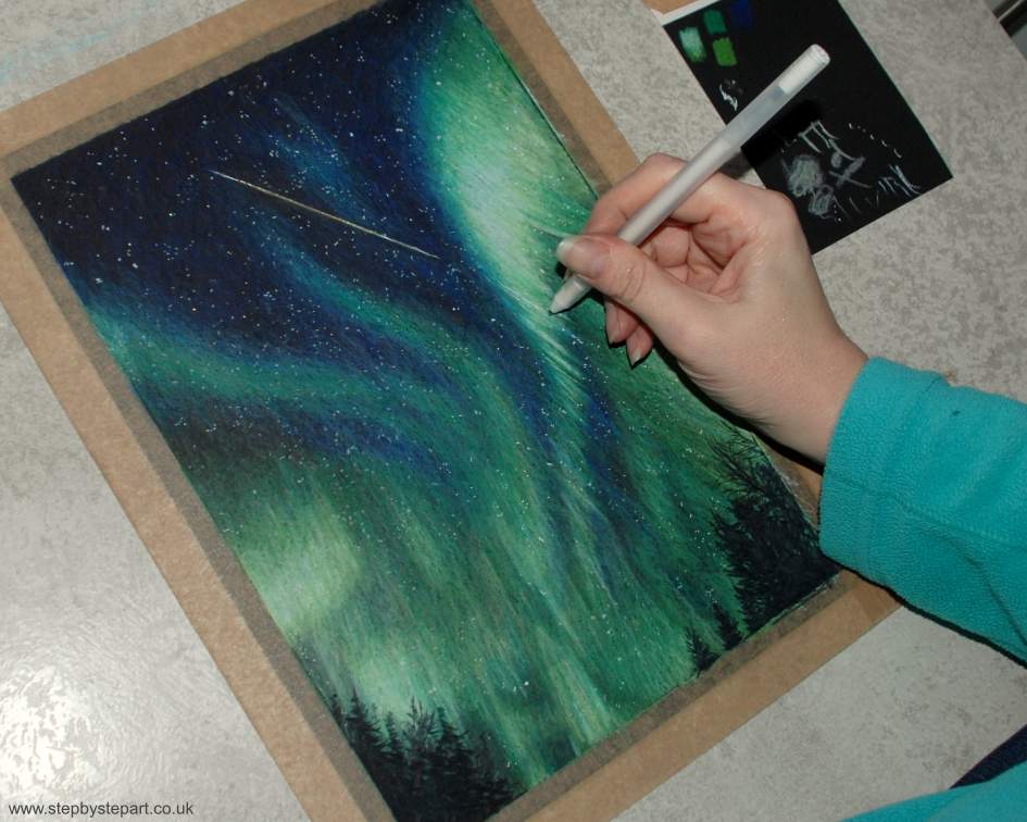 Northern lights coloured pencil drawing - working with white gelly pen
