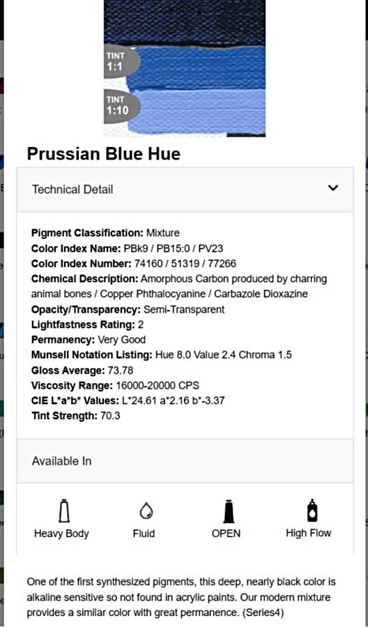 Prussian Blue Hue GOLDEN heavy body acrylic paint technical details