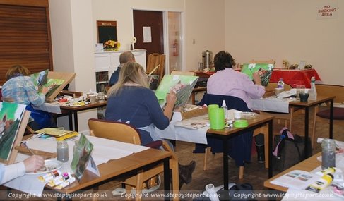 Students at there Workstations for an Acrylic Art Workshop in Chesterfield, Derbyshire, UK