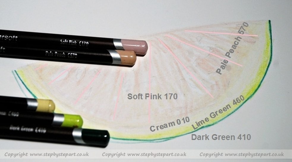 Derwent Coloursoft pencils and a watermelon drawing for a step by step art tutorial 