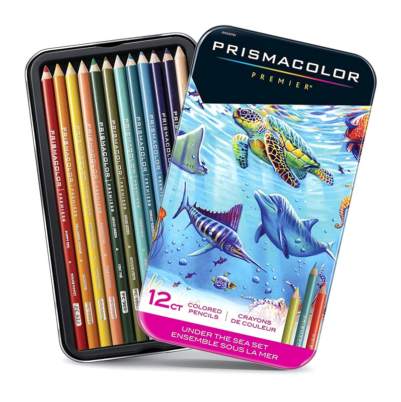 Prismacolor tin of 12 colours 'Under the sea' (Turtle, dolphin,swordfish and colourful fish cover design)