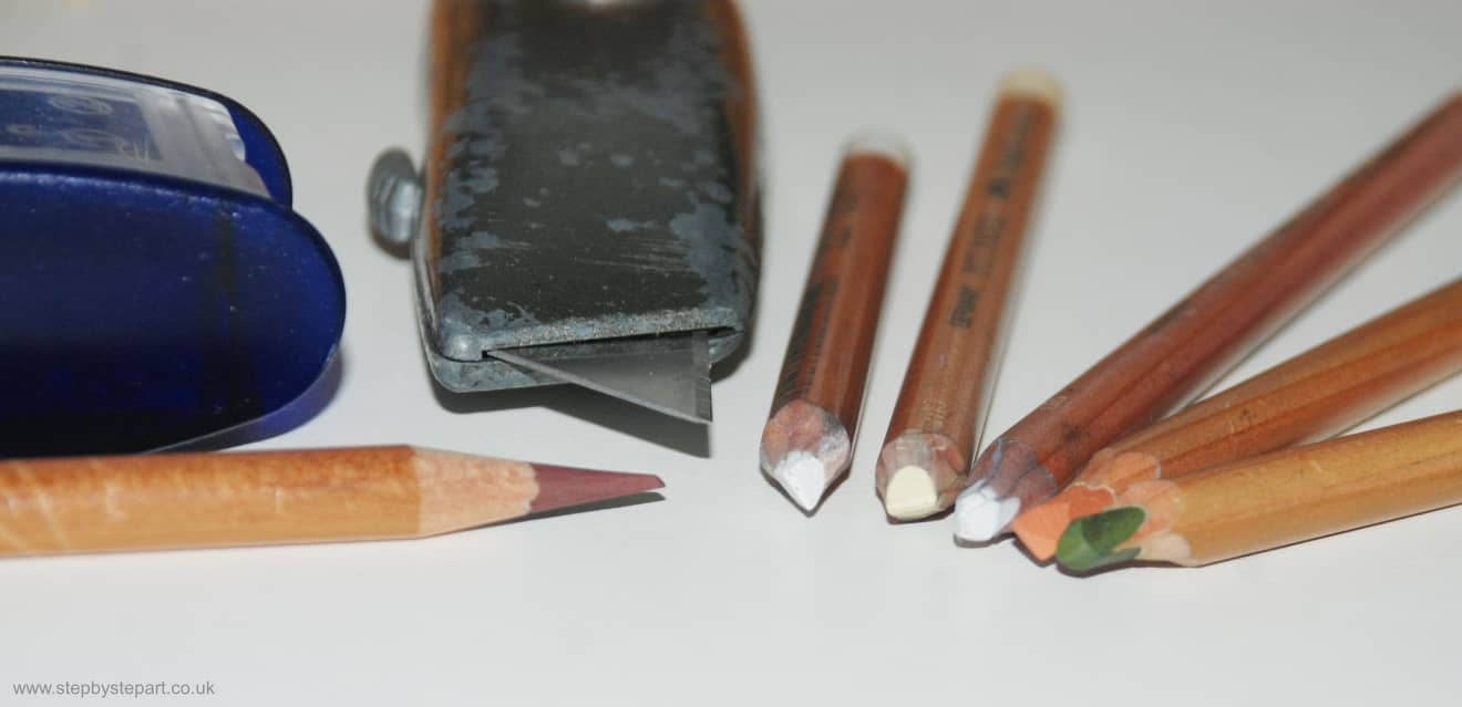 Faber Castell PITT pastel pencils, KUM long tip sharpener and a Stanley knife