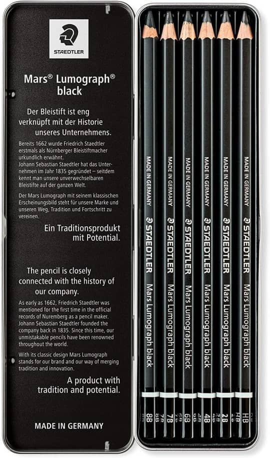 Inside the tin of 6 of the Staedtler Lumograph Mars black pencils