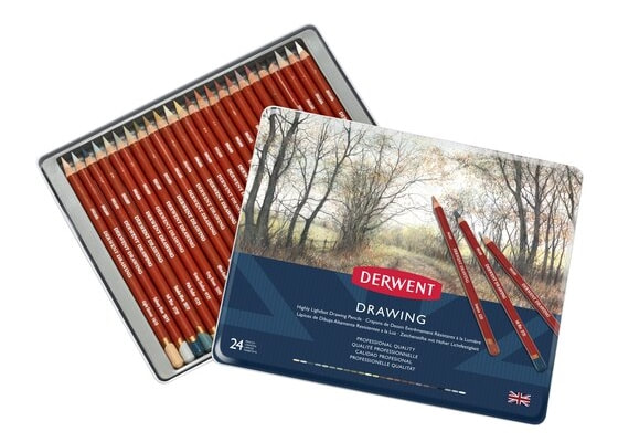 Tin of 24 Derwent Drawing coloured pencils 