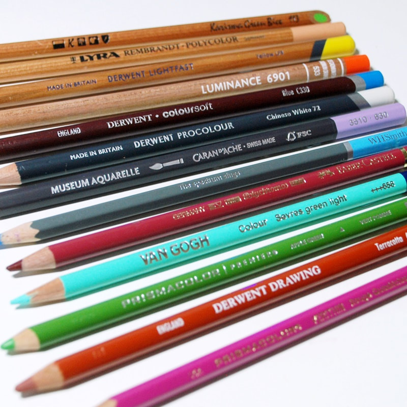 Numerous coloured pencil brands