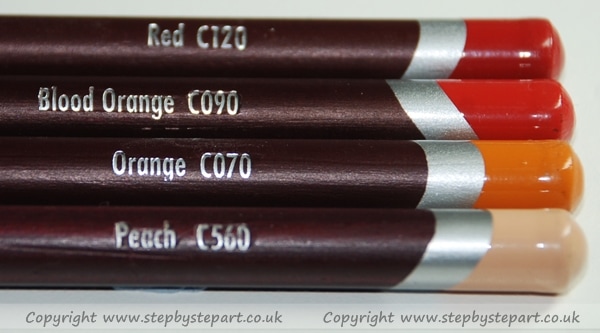 Derwent Coloursoft pencils Red, Blood Orange, Orange and Peach colours