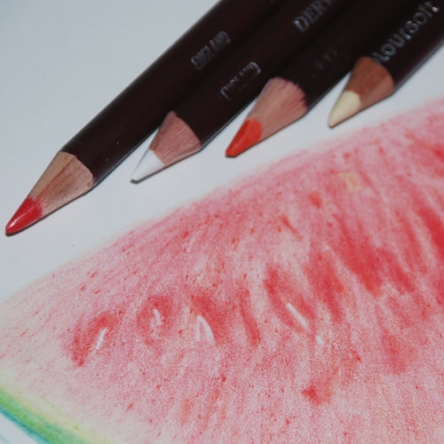Derwent coloured pencils and a watermelon pencil drawing