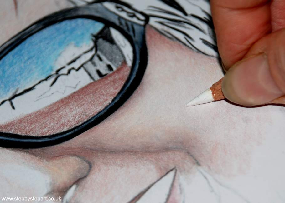 Adding a white tone to lighten skin tones in a coloured pencil portrait